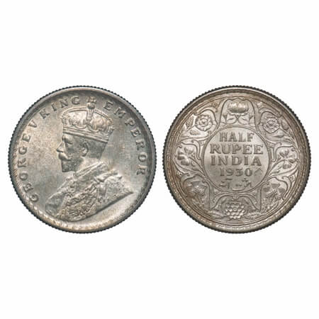 George V, Silver, Half Rupee, 1930, Calcutta Mint, No dot. F. Prid 332. GK 1072. Almost Un