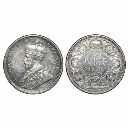 George V, Silver, Half Rupee, 1930, Calcutta Mint, No dot. F. Prid 332. GK 1072. Uncircula