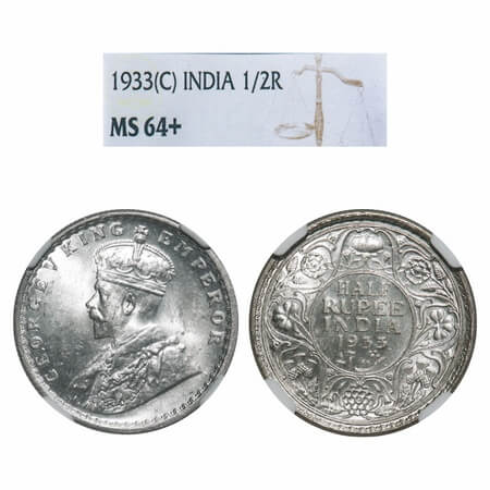 George V, Silver, Half Rupee, 1933, Calcutta Mint, No dot. F. Prid 333. GK 1073. NGC Slab 