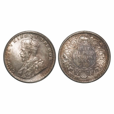 George V, Silver, Half Rupee, 1933, Calcutta Mint, No dot. F. Prid 333. GK 1073. Uncircula
