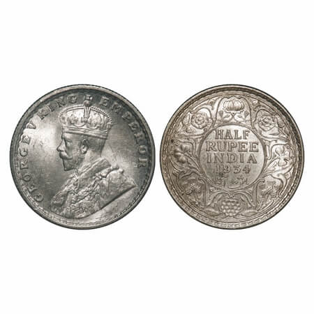 George V, Silver, Half Rupee, 1934, Calcutta Mint, No dot. F. Prid 334. GK 1074. Uncircula