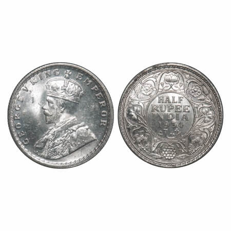 George V, Silver, Half Rupee, 1934, Calcutta Mint, No dot. F. Prid 334. GK 1074. Mint Stat