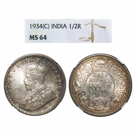 George V, Silver, Half Rupee, 1934, Calcutta Mint, No dot. F. Prid 334. GK 1074. NGC Slabb
