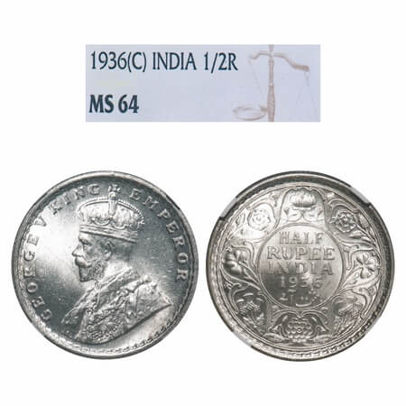 George V, Silver, Half Rupee, 1936, Calcutta Mint, No dot. F. Prid 335. GK 1075. NGC Slab 