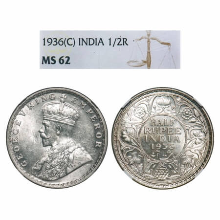 George V, Silver, Half Rupee, 1936, Calcutta Mint, No dot. F. Prid 335. GK 1075. NGC Slabb