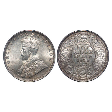 George V, Silver, Half Rupee, 1936, Bombay Mint, Dot. F. Prid 350. GK 1076. Almost Uncircu