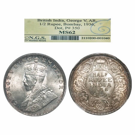 George V, Silver, Half Rupee, 1936, Bombay Mint, Dot. F. Prid 350. GK 1076. NGS Slabbed MS