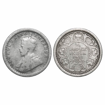 George V, Silver, 1/4 Rupee, 1911, Calcutta Mint, No dot, Pig-Type. F. Prid 440. GK 1080. 