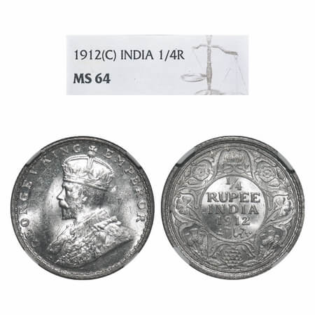 George V, Silver, 1/4 Rupee, 1912, Calcutta Mint, No dot, Re-Drawn Elephant. F. Prid 441. 