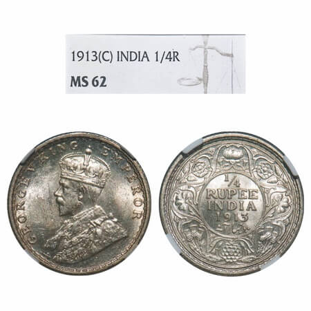 George V, Silver, 1/4 Rupee, 1913, Calcutta Mint, No dot. F. Prid 442. GK 1083. NGC Slabbe