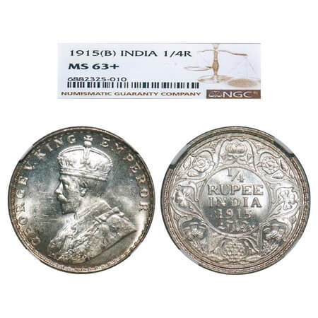 George V, Silver, 1/4 Rupee, 1915, Bombay Mint, Dot. F. Prid 457. GK 1088. NGC Slabbed MS 