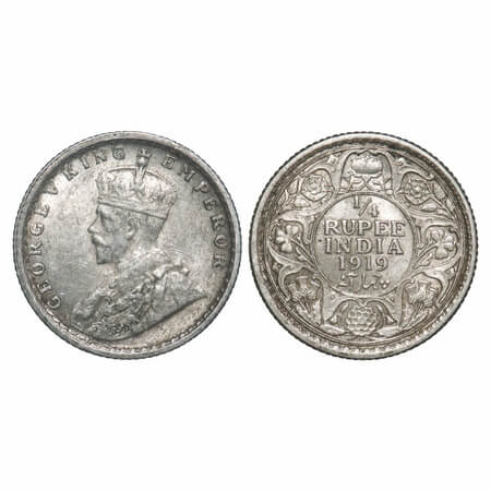 George V, Silver, 1/4 Rupee, 1919, Calcutta Mint, No dot. F. Prid 448. GK 1092. Extremely 