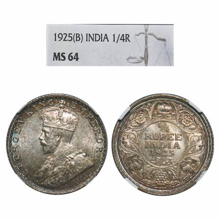 George V, Silver, 1/4 Rupee, 1925, Bombay Mint, Dot. F. Prid 458. GK 1093. NGC Slabbed MS 