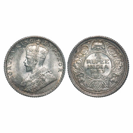 George V, Silver, 1/4 Rupee, 1925, Bombay Mint, Dot. F. Prid 458. GK 1093. Brilliant Uncir