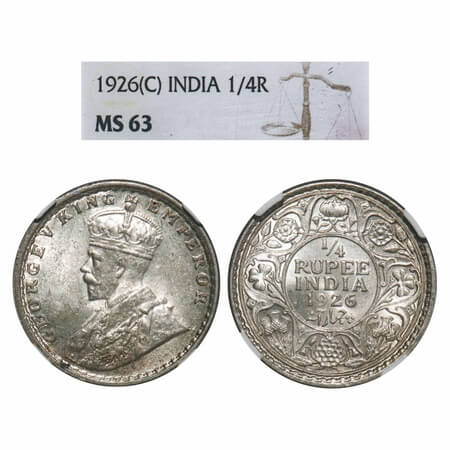 George V, Silver, 1/4 Rupee, 1926, Calcutta Mint, No dot. F. Prid 449. GK 1094. NGC Slabbe