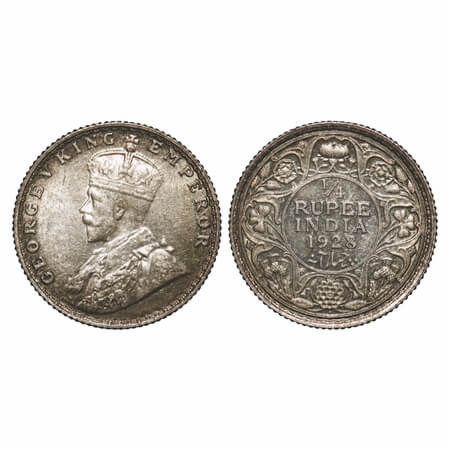 George V, Silver, 1/4 Rupee, 1928, Bombay Mint, Dot. F. Prid 459. GK 1095. Brilliant Uncir
