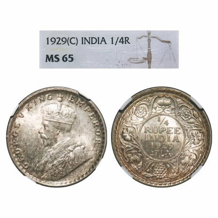 George V, Silver, 1/4 Rupee, 1929, Calcutta Mint, No dot. F. Prid 450. GK 1096. NGC Slabbe