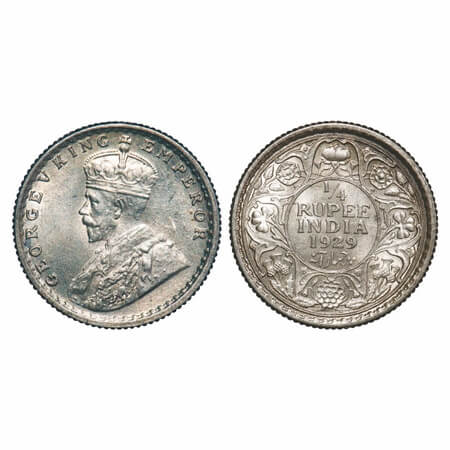 George V, Silver, 1/4 Rupee, 1929, Calcutta Mint, No dot. F. Prid 450. GK 1096. Uncirculat