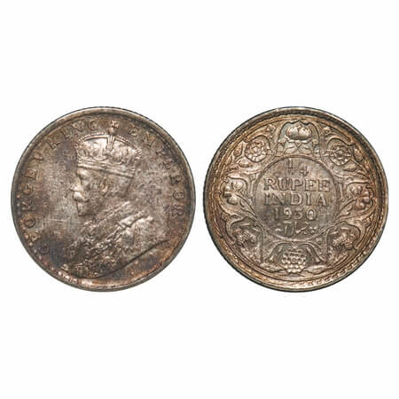 George V, Silver, 1/4 Rupee, 1930, Calcutta Mint, No dot. F. Prid 451. GK 1097. Brilliant 
