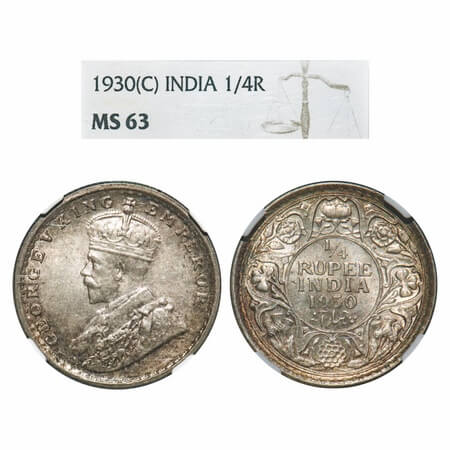 George V, Silver, 1/4 Rupee, 1930, Calcutta Mint, No dot. F. Prid 451. GK 1097. NGC Slabbe