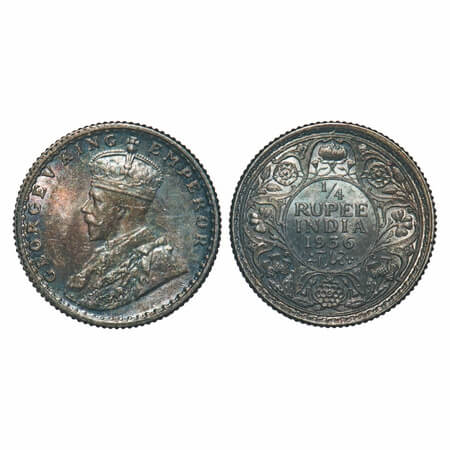 George V, Silver, 1/4 Rupee, 1936, Calcutta Mint, No dot. F. Prid 453. GK 1099. Uncirculat