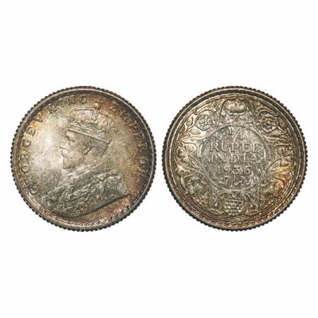 George V, Silver, 1/4 Rupee, 1936, Calcutta Mint, No dot. F. Prid 453. GK 1099. Mint State