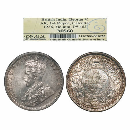 George V, Silver, 1/4 Rupee, 1936, Calcutta Mint, No dot. F. Prid 453. GK 1099. NGS Salbbe