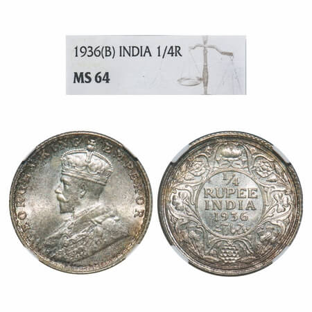 George V, Silver, 1/4 Rupee, 1936, Bombay Mint, Dot, A Diamond shape privy mark on Obv and