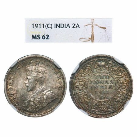 George V, Silver, 2 Annas, 1911, Calcutta Mint, No dot, Pig-Type. F. Prid 564. GK 1107. NG