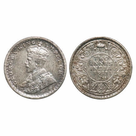 George V, Silver, 2 Annas, 1911, Calcutta Mint, No dot, Pig-Type. F. Prid 564. GK 1107. Ex