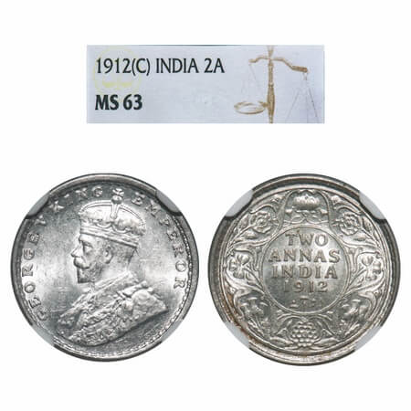 George V, Silver, 2 Annas, 1912, Calcutta Mint, No dot, Re-Drawn Elephant. F. Prid 565. GK