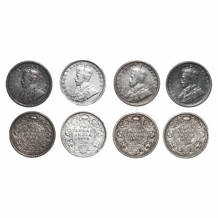 George V, Silver, 2 Annas, (4 coins), 1) 1912, Bombay Mint, Dot, Re-Drawn Elephant, 2) 191