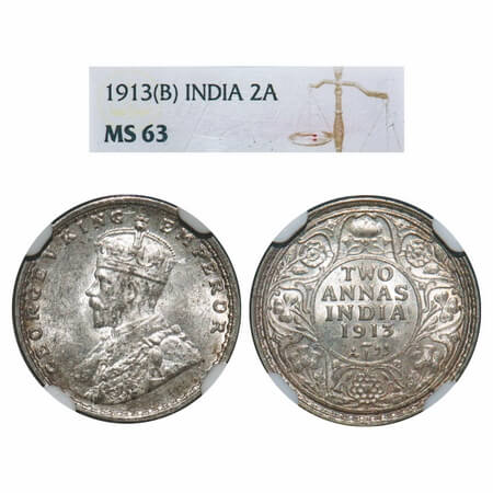 George V, Silver, 2 Annas, 1913, Bombay Mint, Dot. F. Prid 572. GK 1111. NGC Slabbed MS 63