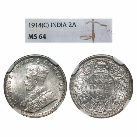 George V, Silver, 2 Annas, 1914, Calcutta Mint, No dot. F. Prid 567. GK 1112. NGC Slabbed 