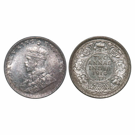 George V, Silver, 2 Annas, 1914, Bombay Mint, Dot, Ghost on Obv and Rev, Die crack on Obv.