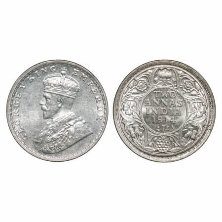 George V, Silver, 2 Annas, 1914, Bombay Mint, Dot, Complete skull ghost on Rev. F. Prid 57