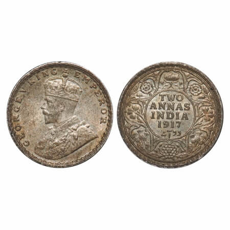 George V, Silver, 2 Annas, 1917, Calcutta Mint, No dot, Error, Almost 9'o clock on Rev. F.