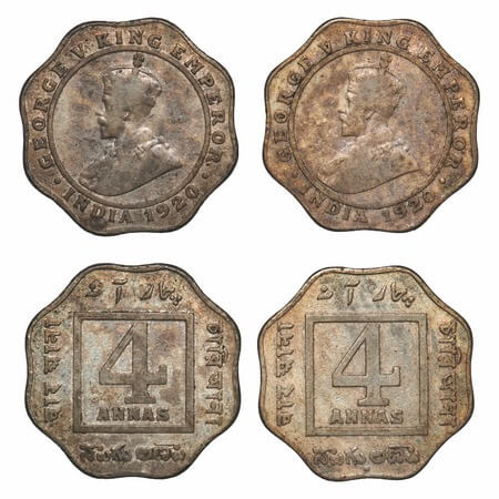 George V, Copper-Nickel, 4 Anas, 1920, (2 coins), 1) Calcutta Mint, No dot, 2) Bombay Mint