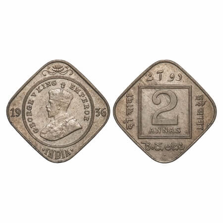 George V, Copper-Nickel, 2 annas, 1936, Bombay Mint, Dot. F. Prid 903. GK 1140. About Unci