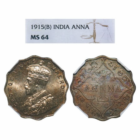 George V, Copper-Nickel, 1 Anna, 1915, Bombay Mint, No dot. F. Prid 945. GK 1145. NGC Slab