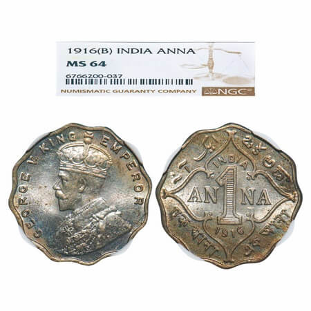 George V, Copper-Nickel, 1 Anna, 1916, Bombay Mint, No dot. F. Prid 946. GK 1146. NGC Slab