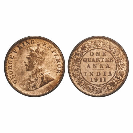 George V, Bronze, Quarter Anna, 1911, Calcutta Mint, No dot, Pig-Type. F. Prid 656. GK 117