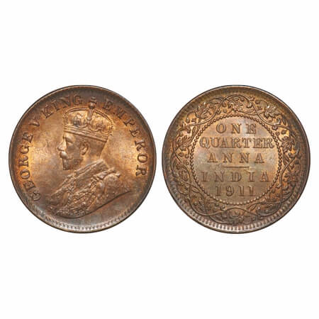 George V, Bronze, Quarter Anna, 1911, Calcutta Mint, No dot, Pig-Type, Ghost on Rev. F. Pr