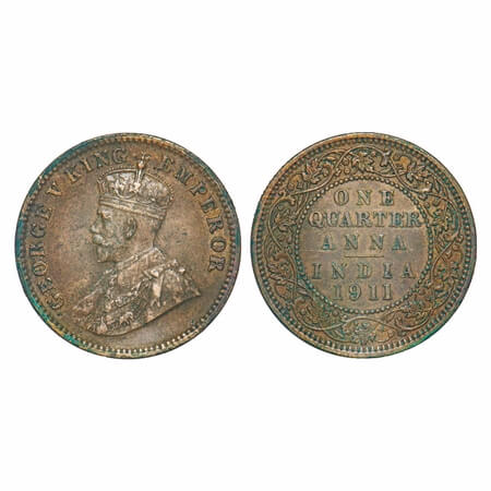George V, Bronze, Quarter Annas, 1911, Calcutta Mint, No dot, Pig-Type. F. Prid 656. GK 11