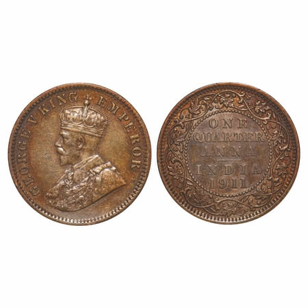 George V, Bronze, Quarter Anna, 1911, Calcutta Mint, No dot, Pig-Type. F. Prid 656. GK 117