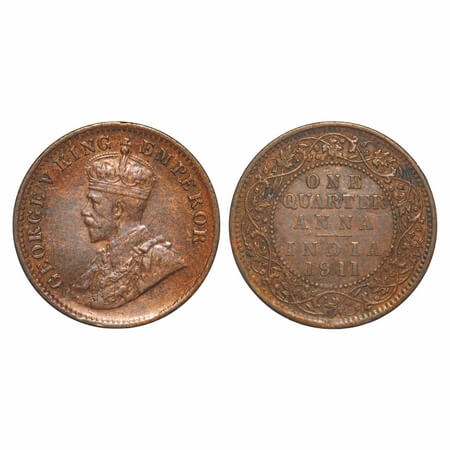 George V, Bronze, Quarter Anna, 1911, Calcutta Mint, No dot, Pig-Type. F. Prid 656. GK 117