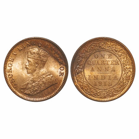 George V, Bronze, Quarter Anna, 1912, Calcutta Mint, No dot. F. Prid 658. GK 1172. Brillia