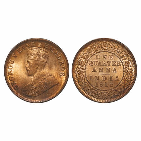George V, Bronze, Quarter Anna, 1912, Calcutta Mint, No dot. F. Prid 658. GK 1172. Uncircu