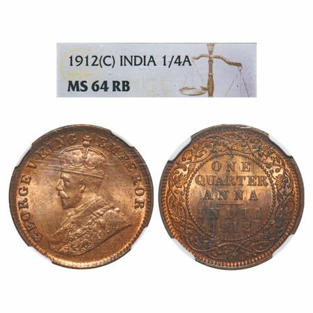 George V, Bronze, Quarter Anna, 1912, Calcutta Mint, No dot. F. Prid 658. GK 1272. NGC Sla