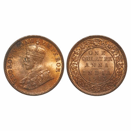 George V, Bronze, Quarter Anna, 1913, Caclutta Mint, No dot, Alphabate 'Q' of Quarter and 